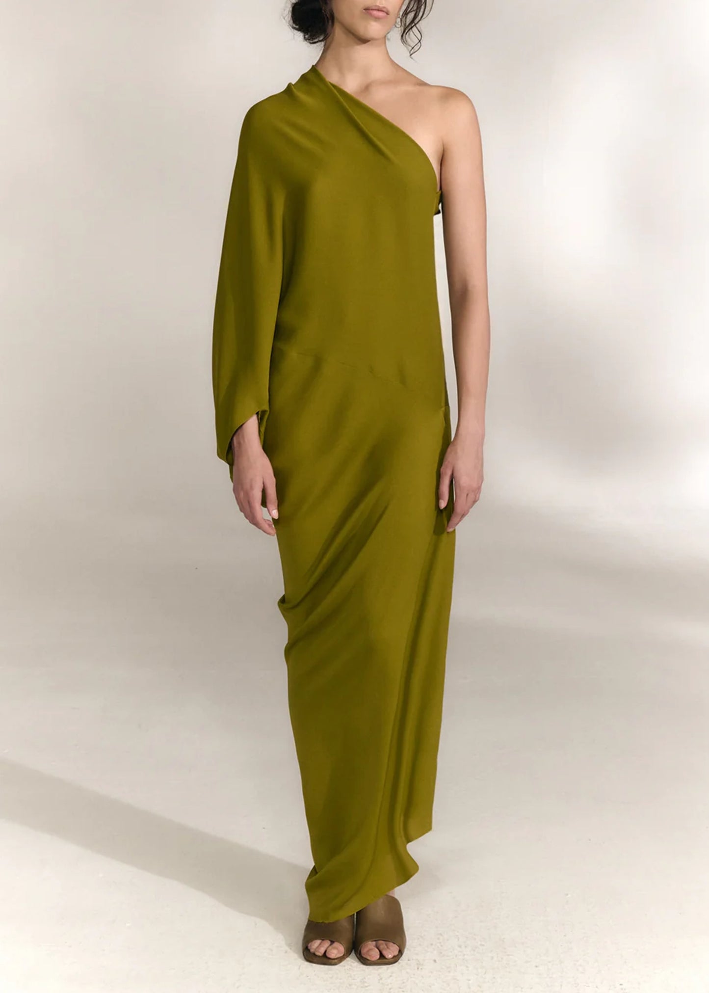 Cortana-Delore-gold-olive-asymmetrical-silk-dress